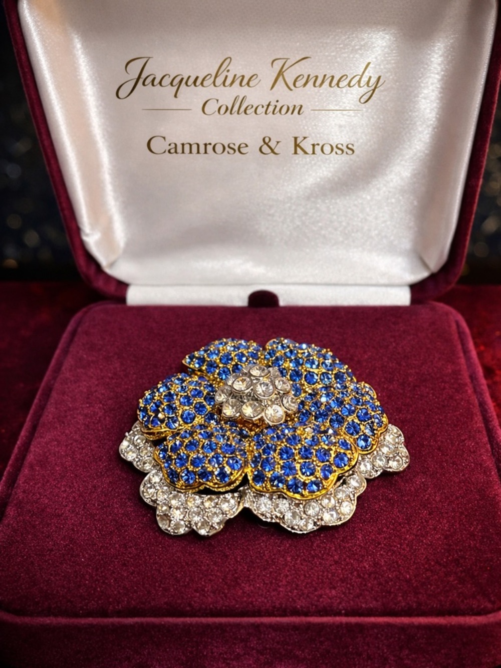 Jackie Kennedy Camrose & Kross Blue Crystal Flower Brooch w/ Box Vintage